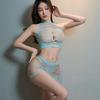 New Two Piece Striped Fishnet Lingerie Set Women's Sling Neck Backless Sexy Transparent Nightclub Catsuit Teddies Lingerie Bra and Thong Underwear Set