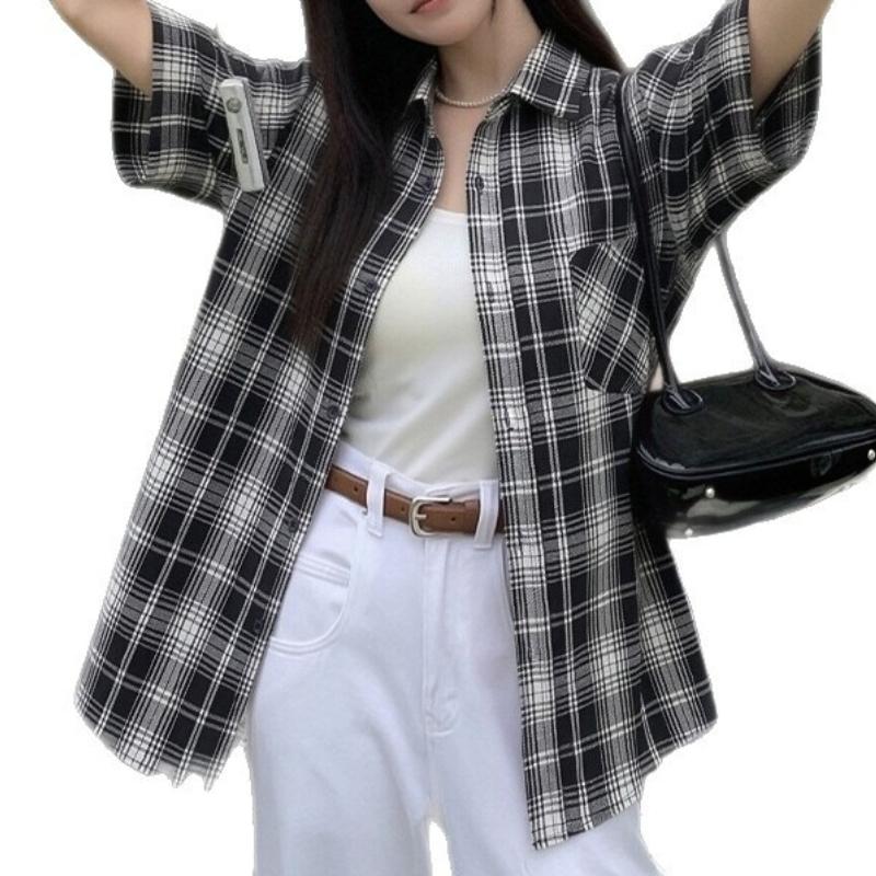 American Retro Plaid Short-sleeved Shirt Women's Summer Casual Loose and Thin Versatile Lazy Top Jacket Short Sleeve Shirt Oversized Casual Summer