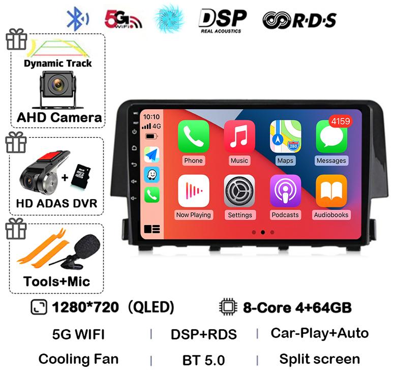 Android 14 Беспроводной Carplay Auto Для Honda Civic 2016 2017 2018 2019 2020 Автомагнитола Стерео Мультимедийный Плеер GPS 4G+WIFI DSP