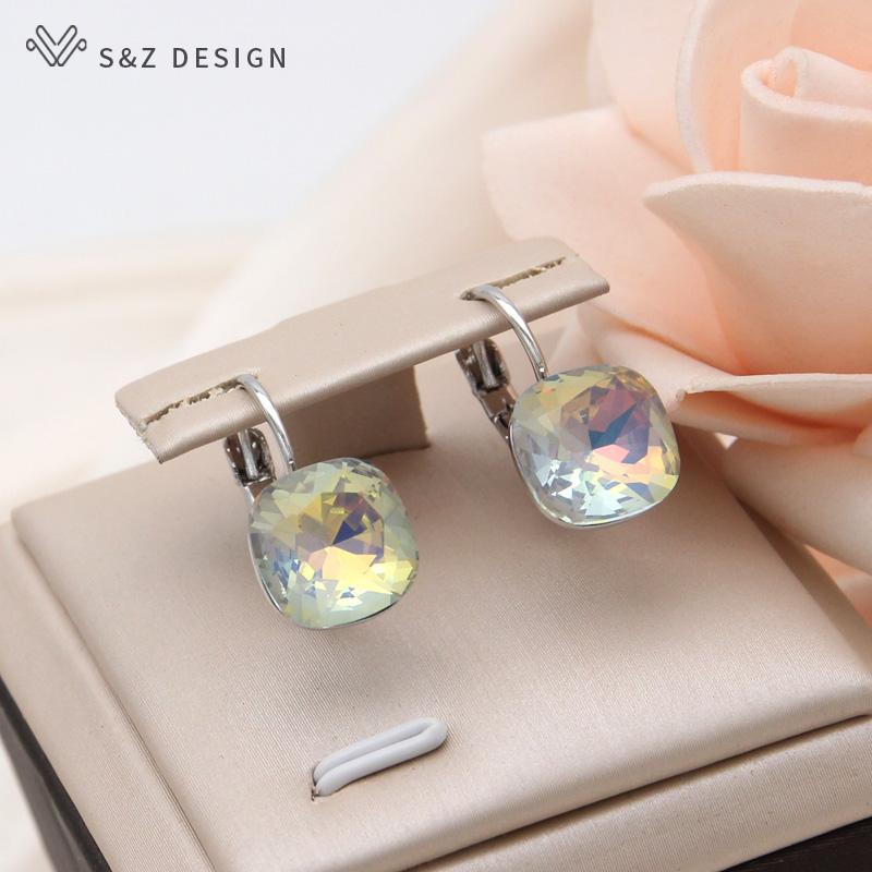 Fashion Square Colorful Crystal Drop Earrings For Women Wedding Rose Gold Color Jewelry Eardrop