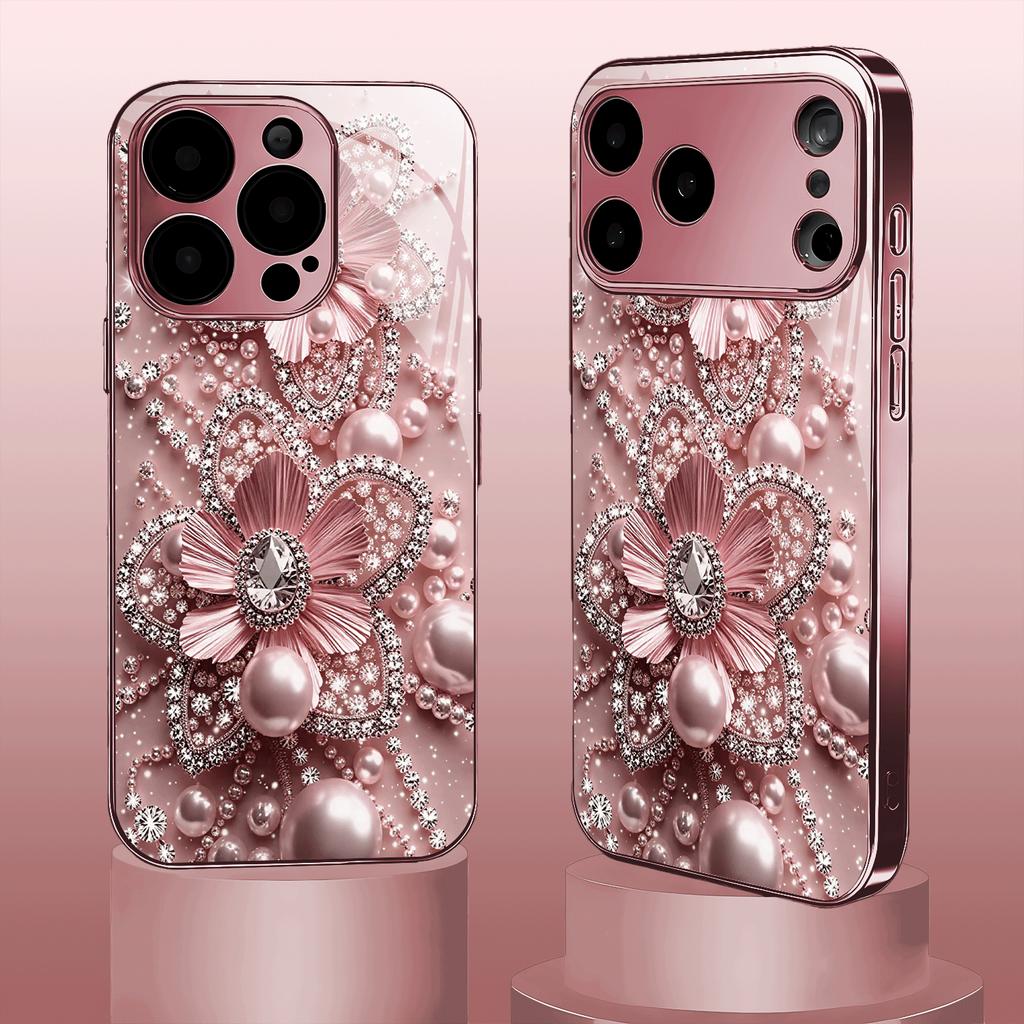 Глянцевый чехол для телефона iPhone 17 Pro Max с цветочным узором, цвет розовое золото. Встроенное стекло для iPhone 17 16 15 14 13 12 Pro Max Pro Plus
