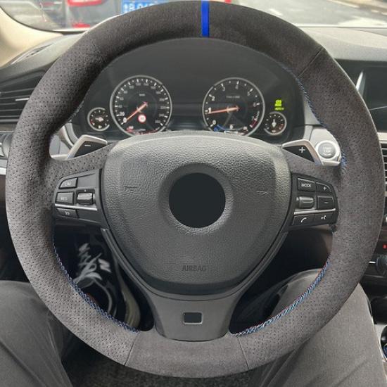 Black Suede Leather Steering Wheel Cover Trim For BMW 7 Series F01 F02 2008-2015