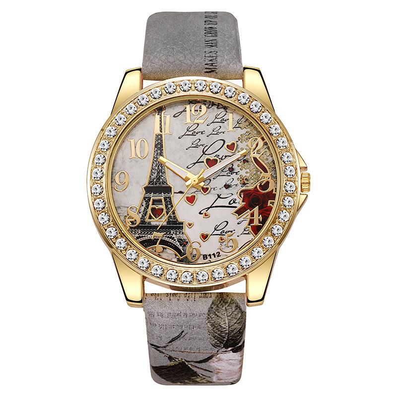 Snake Print Leather Belt Women's Watch with Eiffel Tower Design and Diamond Numerals