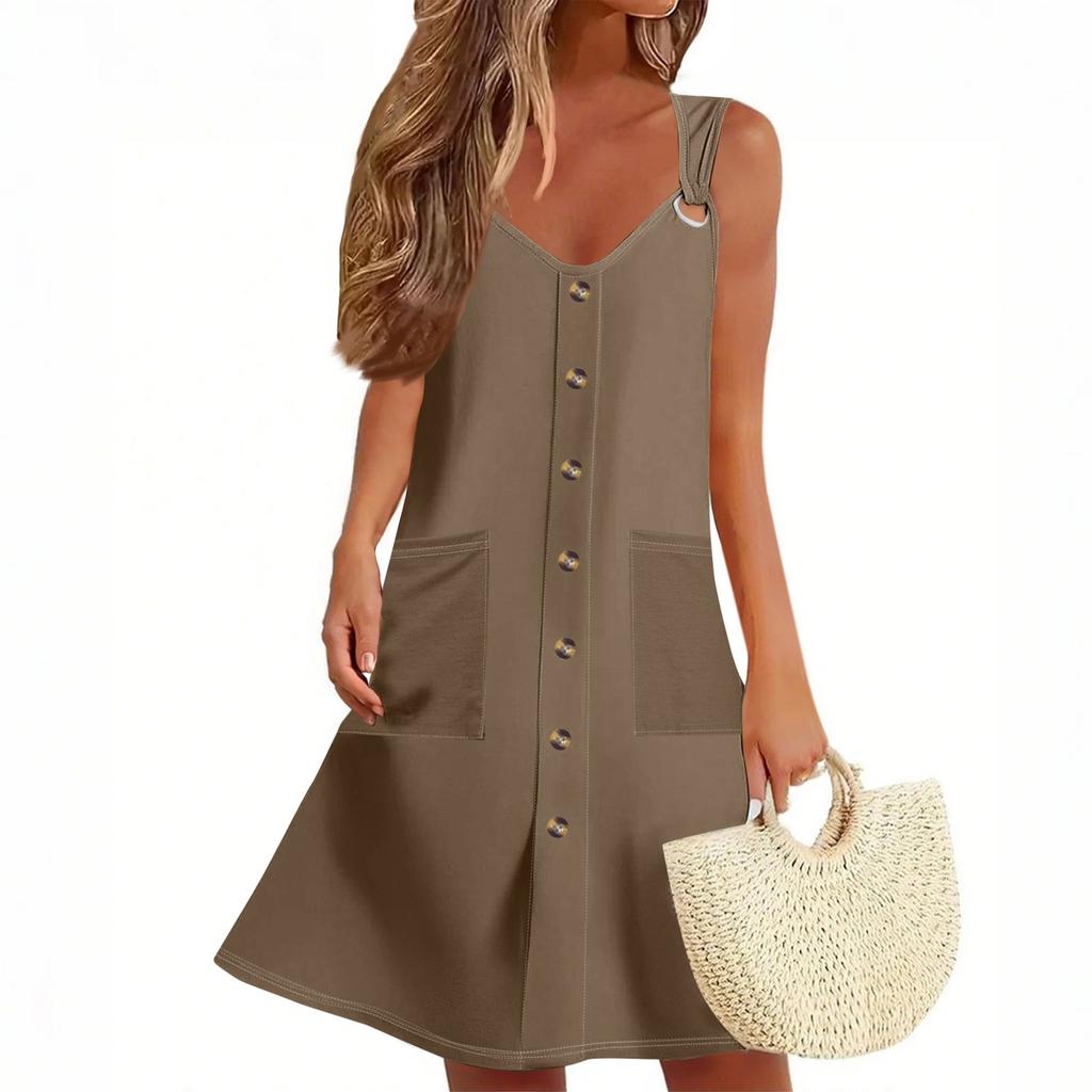 Women's Summer Dress Sleeveless Spring Solid Color Sundress With Pockets