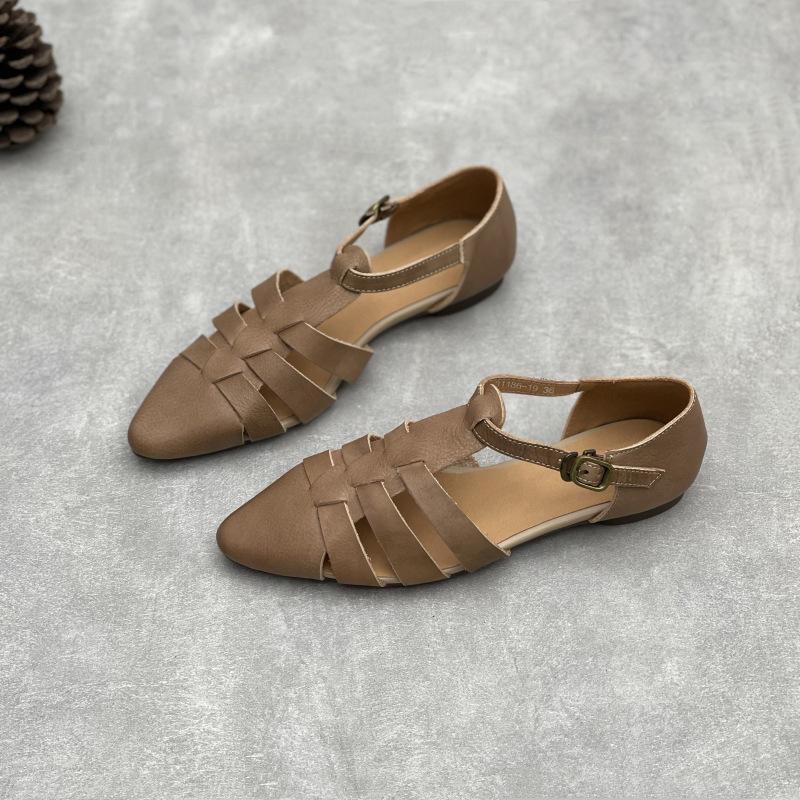 GKTINOO Ручная работа Натуральная кожа 2025 Лето Новые Босоножки с острым носком Ретро Полые Пряжка Плетеные Коровья кожа Женская обувь