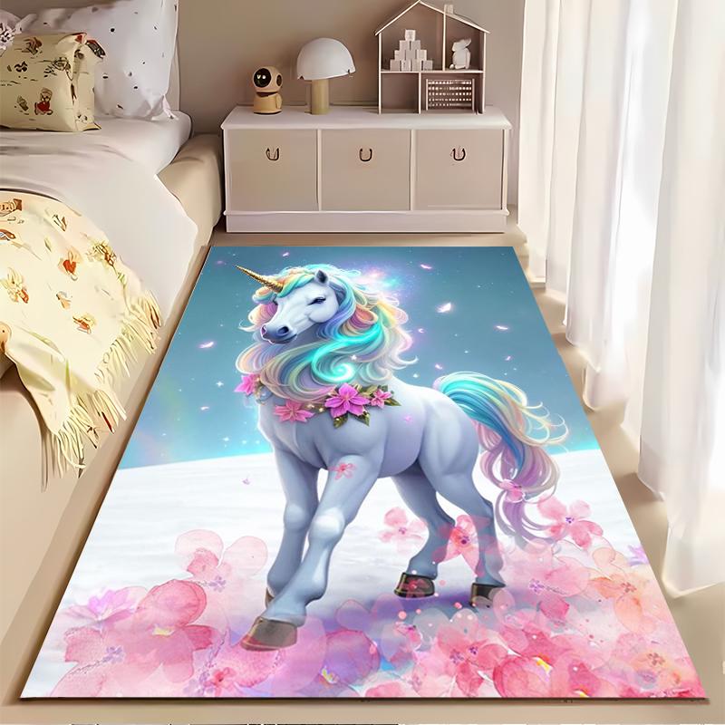 Enchanted Unicorn with Rainbow Mane Rug Non-slip rug suitable for living room and bedroom sofas.