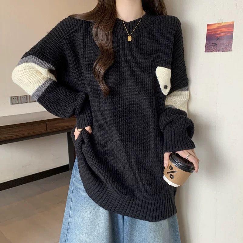 Весна Осень Новый Ленивый Стиль Модный Дизайн в Цветовой Блок Повседневный Свитер Женский Средней Длины Вязаный Топ Трендовый