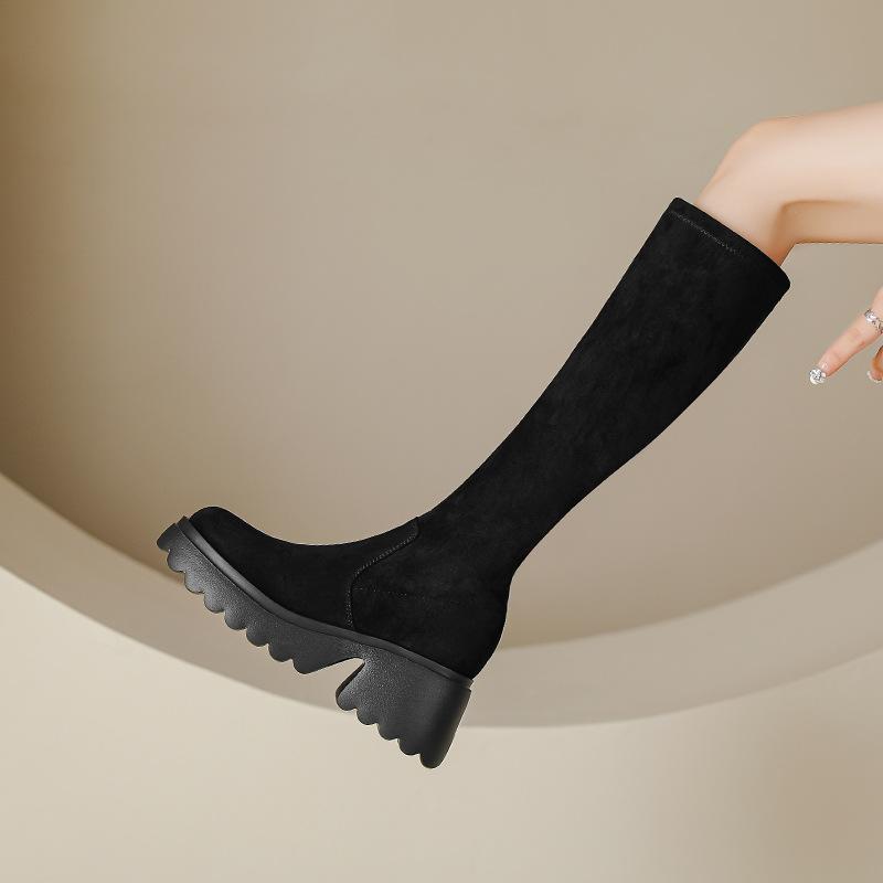 Thick-soled Boots for Women In Autumn and Winter High Boots 7cm High Heel Waterproof Platform To Increase Elasticity Knee-length Sponge