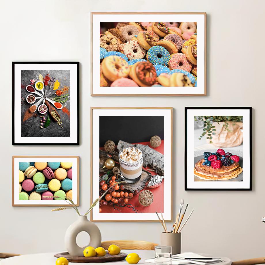 Кофейный торт, круассан, пончик, макароны, постеры, печать на холсте, картина в скандинавском стиле, настенные художественные фотографии для кухни, магазин десертов, декор комнаты