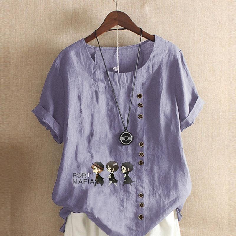 Женская новая модная льняная рубашка с круглым вырезом и коротким рукавом, футболка с принтом «Три детектива», летняя женская повседневная блузка больших размеров