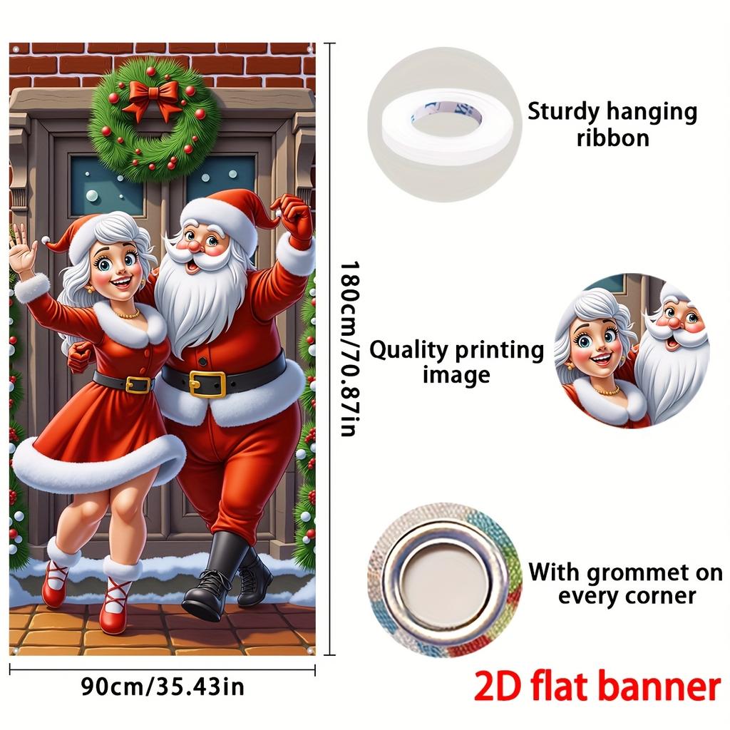 Christmas Door Banner Cover, Mr and Mrs Claus Design, 35.4 x 70.8 in Durable Polyester Holiday Decor for Porch Yard Garage Home Outdoor Indoor