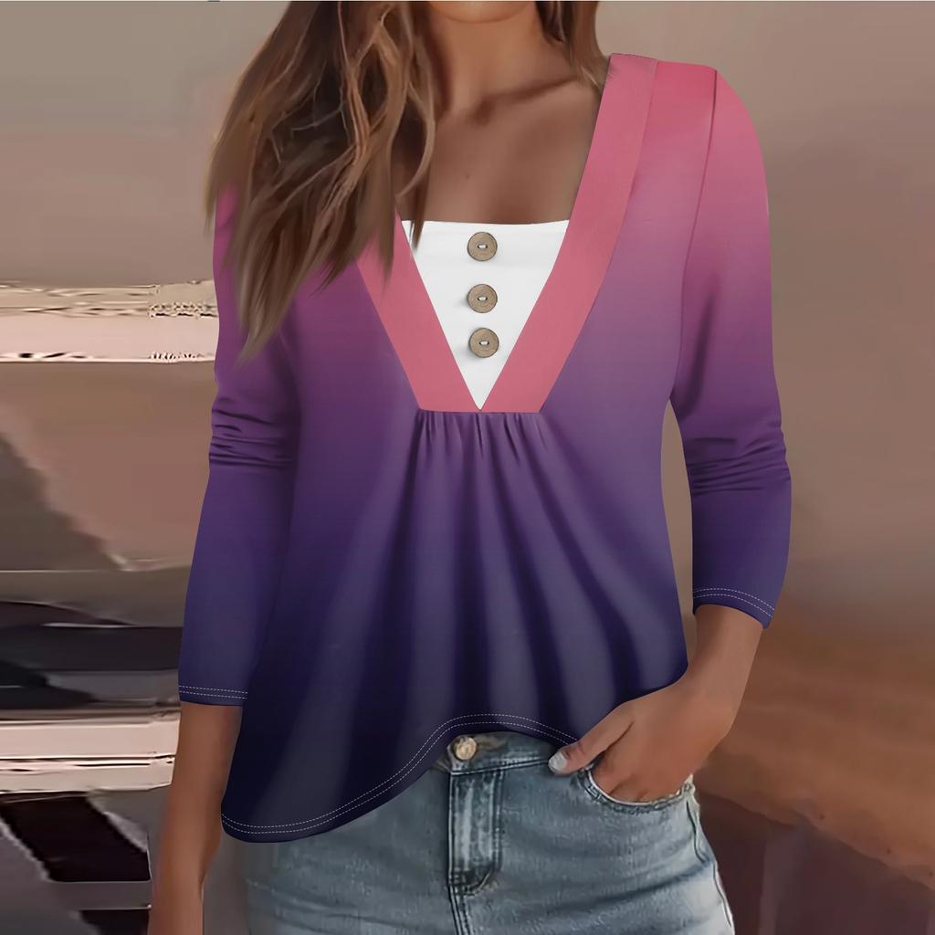 Women's Fashion Casual Long Sleeve Shirt Gradient Printed Button V Neck Up Tops