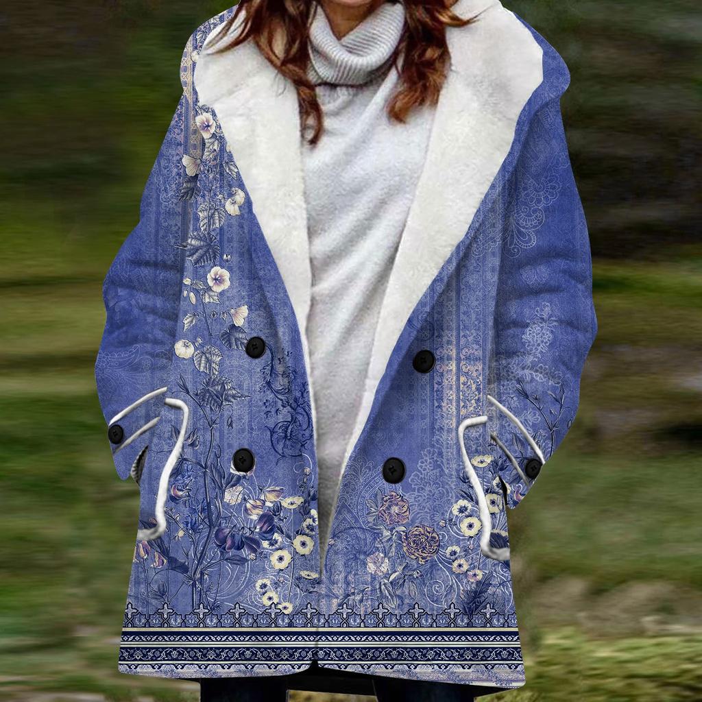 Женская большая куртка с теплой и плюшевой классической курткой на пуговицах с капюшоном и карманами в стиле ретро