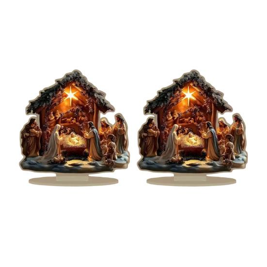 2D Плоская Рождественская сцена Рождества Настольное украшение Акриловая настольная витрина Центральный элемент для христианского стола Полка Камин Камин Спальня Офисный декор