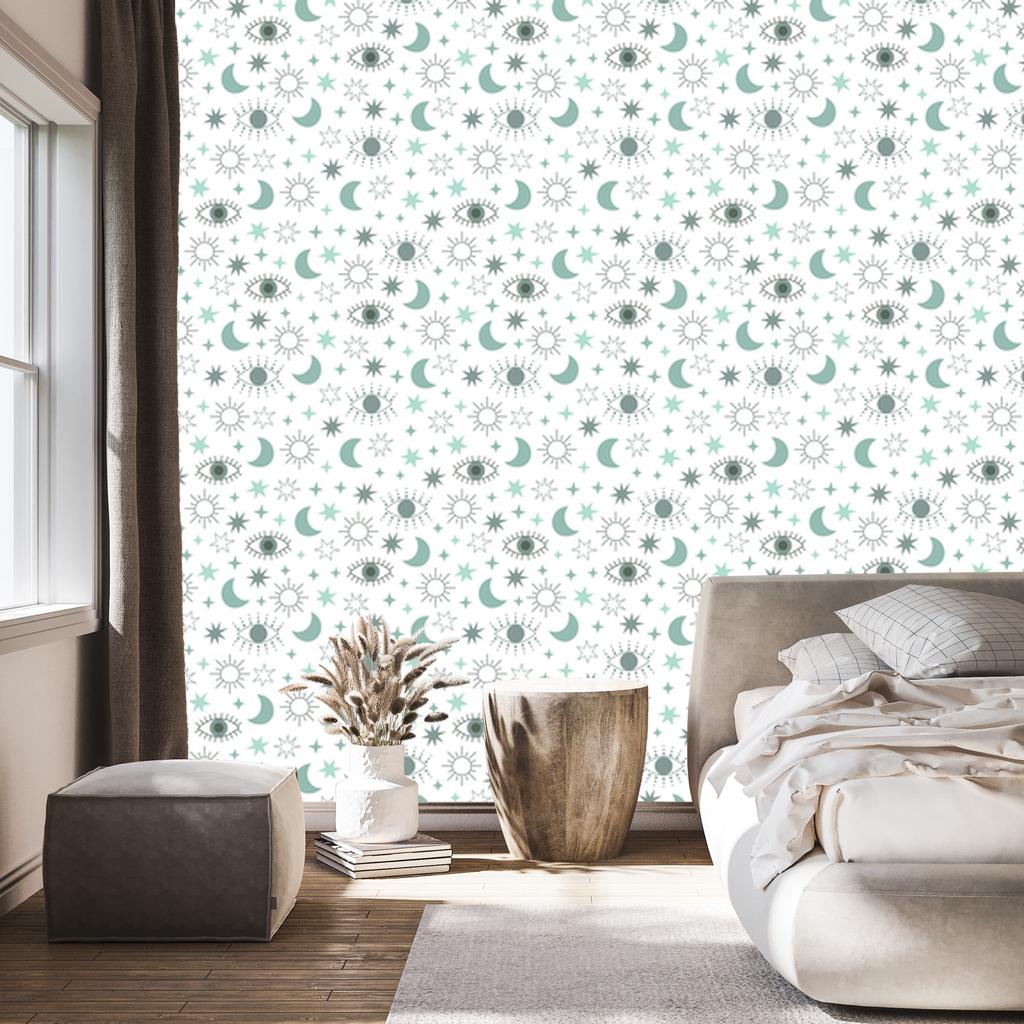 Magic Symbols Wallpaper, White and Light Gray, for Living Room and Bedroom, 50x1000