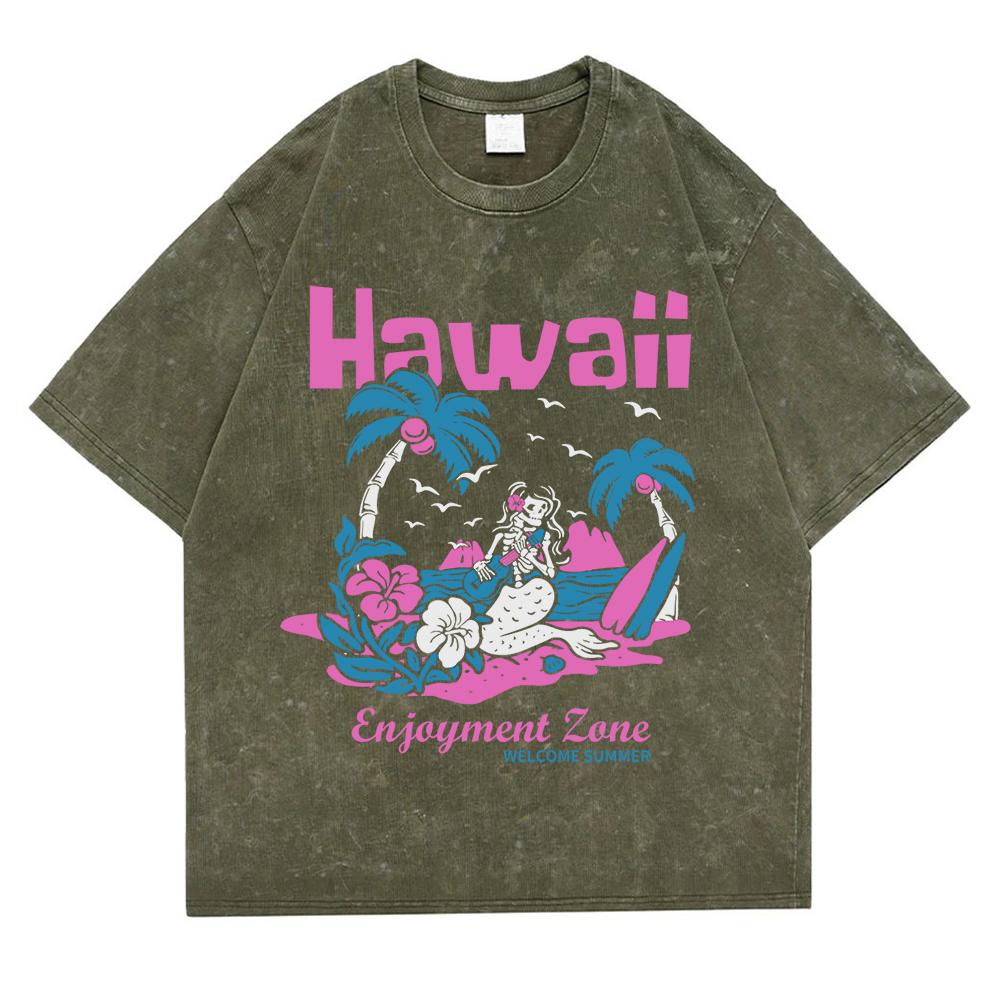 Hawaii Enjoyment Zone Welcome Summer Washed Retro Snow Tshirt Men Fashion Oversize T Shirt Cotton Clothes Free Casual T Shirts