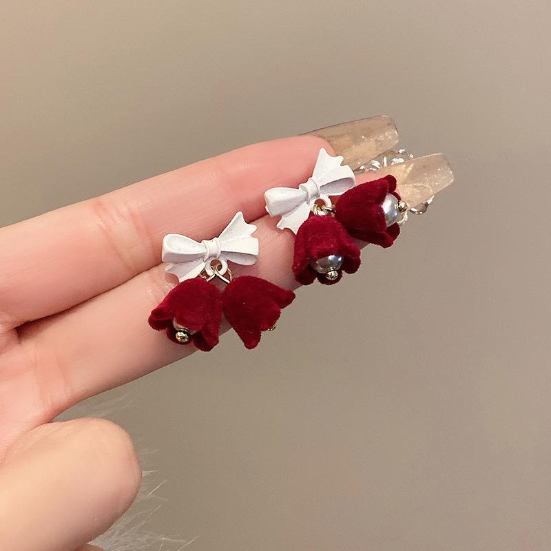 Festive red velvet bow stud earrings women's earrings temperament sweet flower long fringed earrings earrings autumn and winter