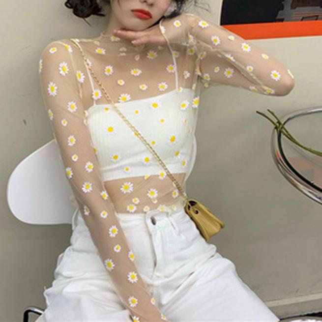 Нижнее белье из сетчатой ​​пряжи Little Daisy. Женская шифоновая рубашка с длинными рукавами и защитой от мешков в уличном тренде.