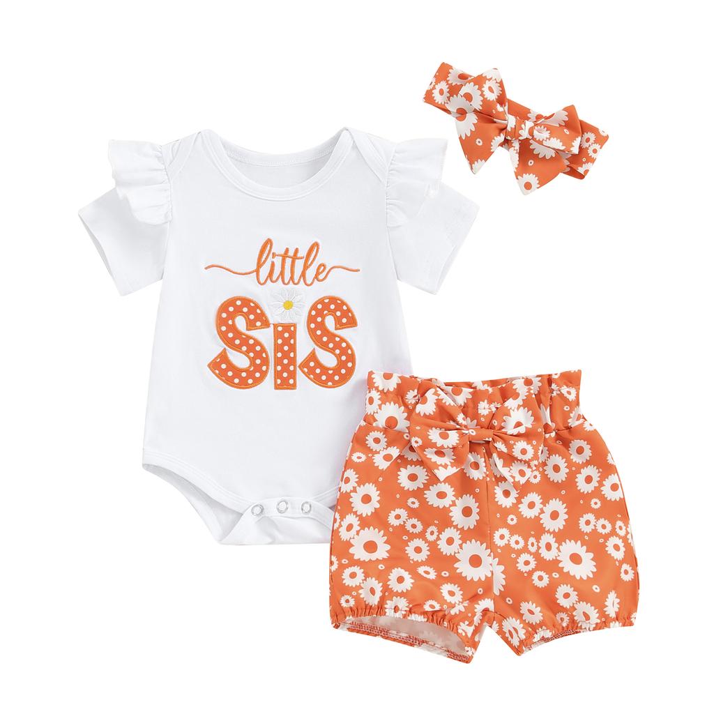 Baby Girl Summer Outfits Letter Embroidered Short Sleeve Rompers Floral Print Shorts Headband 3Pcs Clothes Set