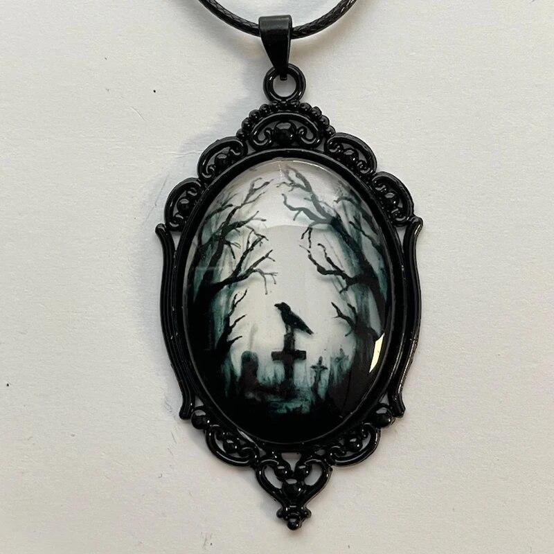 Gothic Crow Forest Charm Necklace Cross Crow Pendant Necklace Mystic Witch Jewelry Gift Accessories Rope Chain Goth Crow Choker