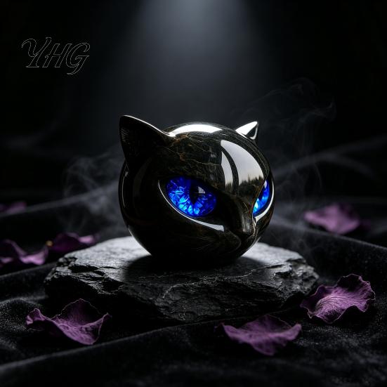Collectible Resin Art Spherical Black Cat Head Ornament, Gothic Style Sculpture with Colorful Whimsical Animal Figurine Eyes for Halloween