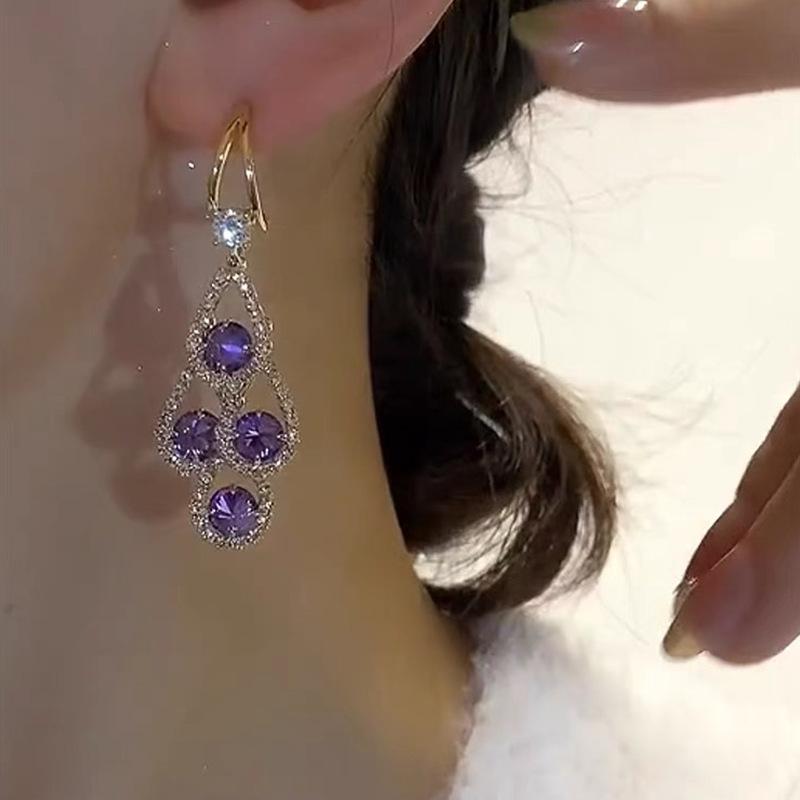 Винтажные элегантные серьги-подвески с фиолетовым кристаллом в виде капли воды и длинной кисточкой для женщин, дизайнерские сверкающие аксессуары для выпускного вечера, праздничные украшения, подарки
