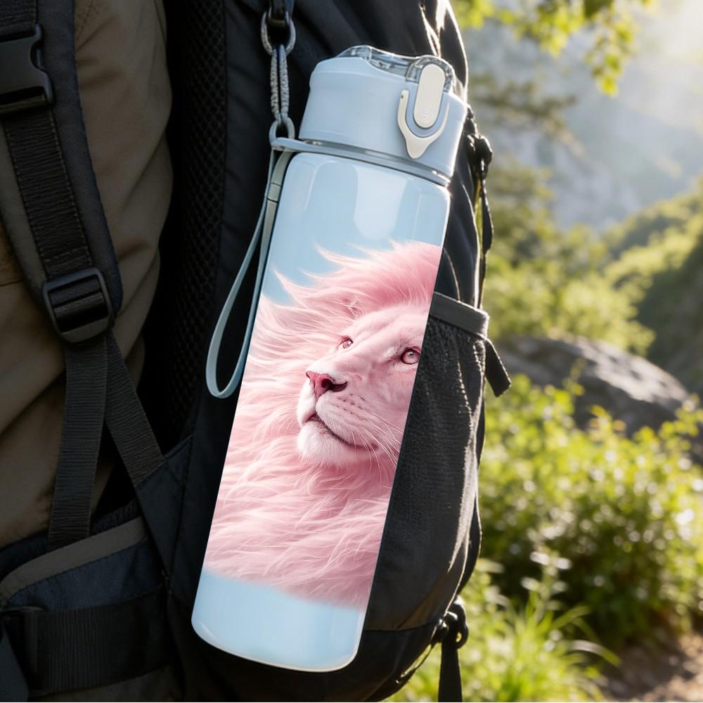 1PC Soft Fluffy Pink Lion Animal Print 750ml Color Plastic Sports Water Bottle Leakproof Flip Straw Lid Suitable for Sports Office Home Use