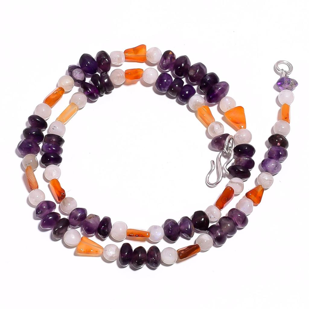 Natural Amethyst Carnelian Moonstone Gemstone Smooth Beads Necklace 17" UB-4638 UB-4638