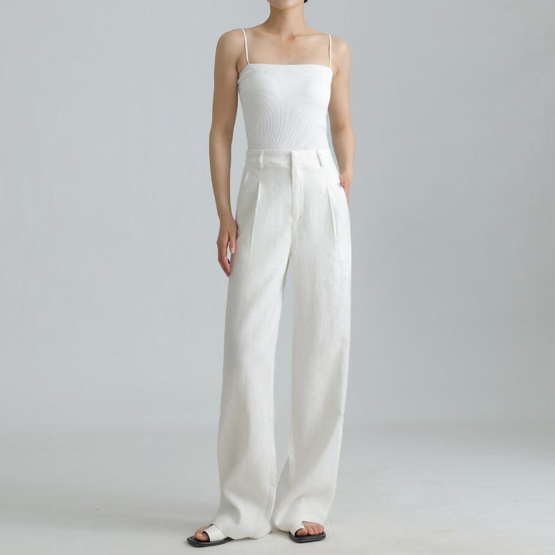2026 Summer High-Waisted Wide-Leg Cotton Linen Pants White Casual Old Money Style Women