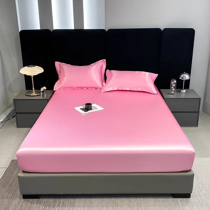 Silky Satin Waterproof Fitted Sheet Breathable Elastic Mattress Cover Solid Smooth Bed Sheet