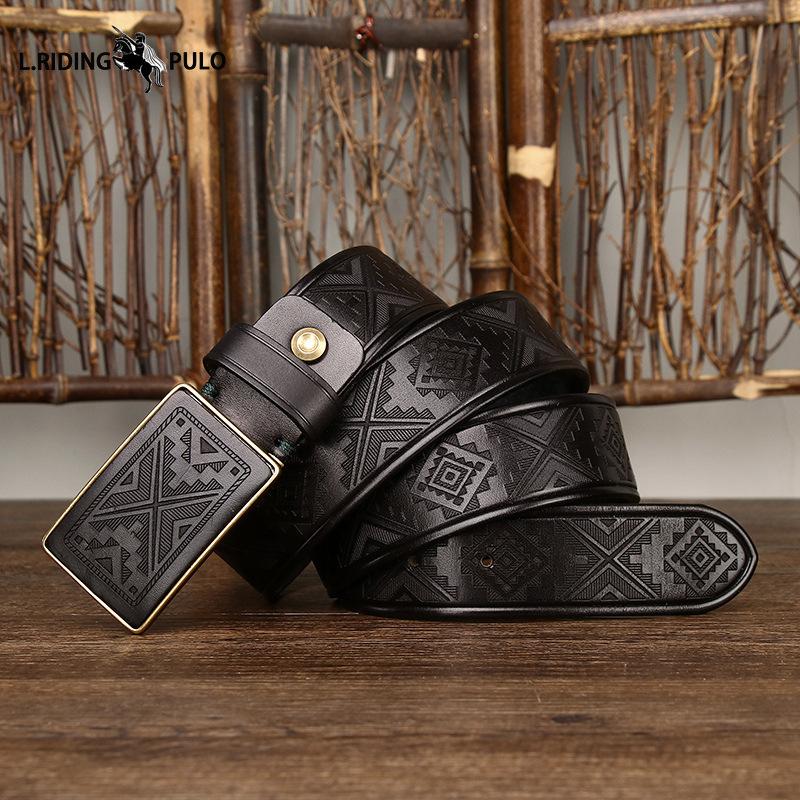 Винтажный ремень ручной работы с лазерной гравировкой узора, пряжка-пластина, мужской, из натуральной кожи, чистая коровья кожа, ремень с гладкой пряжкой