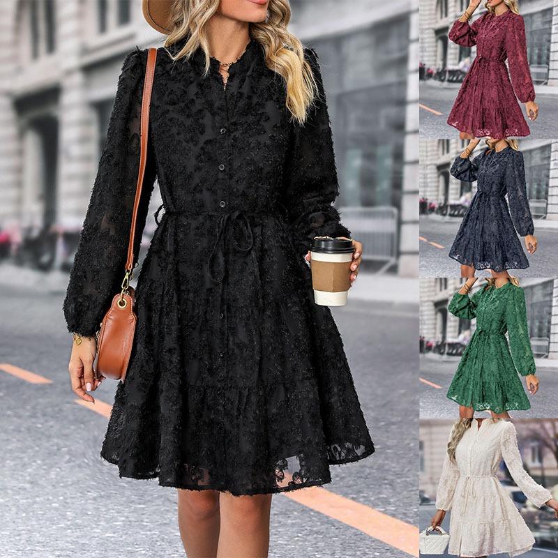 Spring and Summer Elegant Retro Lace Long Sleeve Dress Women Fashion A Line Casual Loose Dresses Women Slim Fit Solid Party Club Female Dress 26645