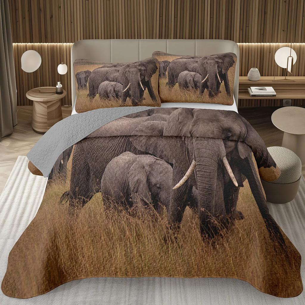 Elephant Bedspread Twin Queen King Size African Safari Animal Theme Quilt Set Jungle Wildlife Coverlet Set with 1/2 Pillowcase