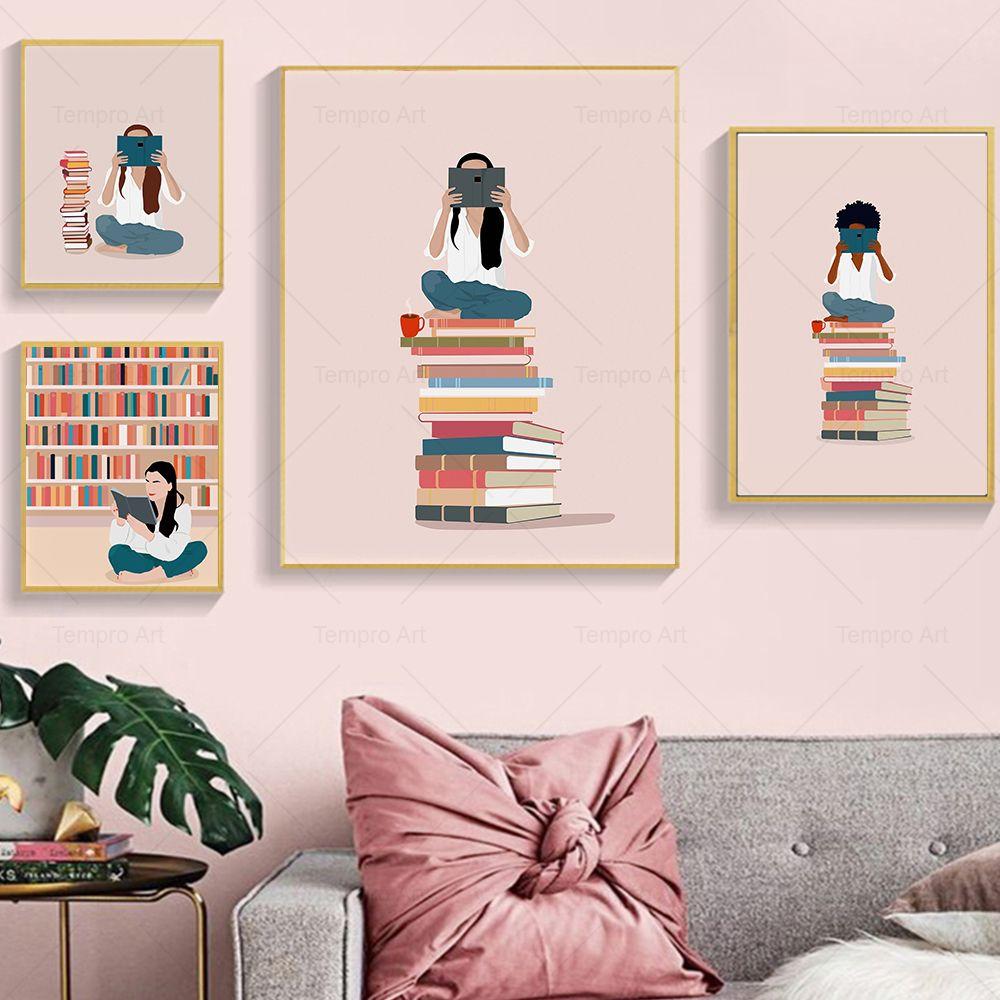 Funny Girl Reading Cocktail Coffee Posters Coffee Art Print Nordic Wall Art Canvas Painting Pictures Kitchen Cafe Bar Home Decor