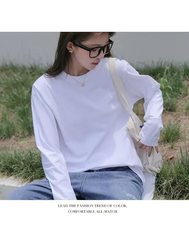 Женская футболка из чистого хлопка с круглым вырезом и длинными рукавами: Свободный многослойный топ на осень/зиму