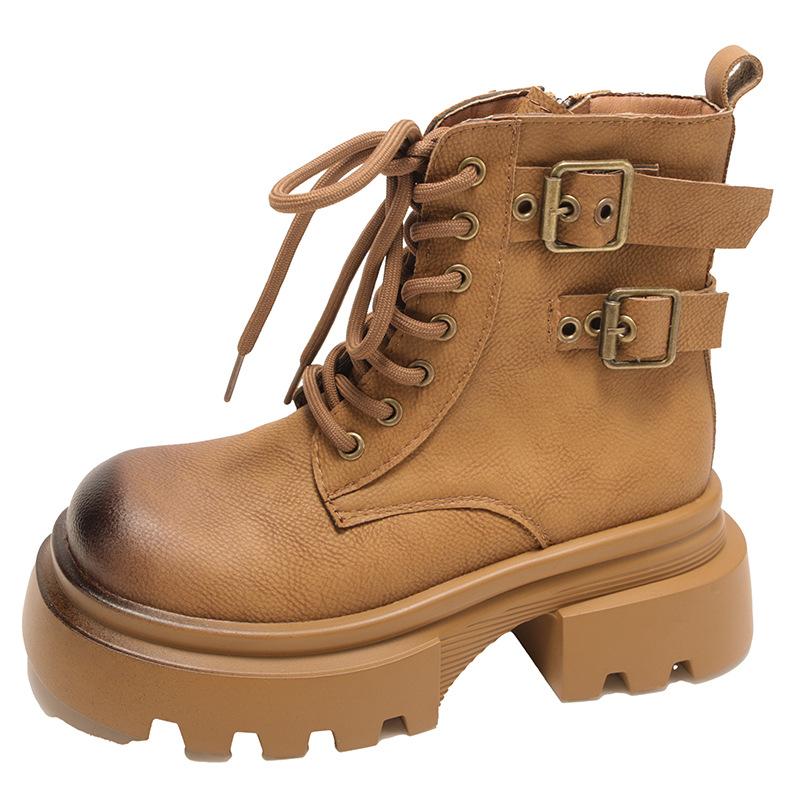 Ретро коричневые ботинки Мартин на платформе с толстым каблуком женские 2025 новые осенне-зимние взрывные британский стиль увеличивающие рост короткие ботинки