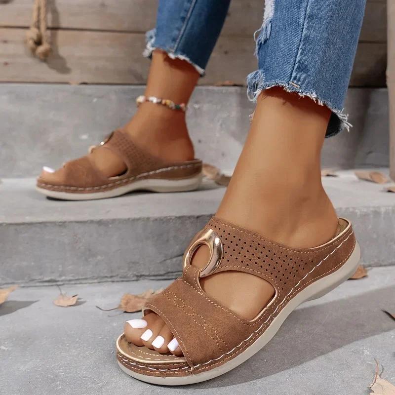 Women's Slip On Platform Wedge Open-Toe Sandals Retro Metal Buckle Summer Beach Casual Slippers Comfortable Ladies Shoes