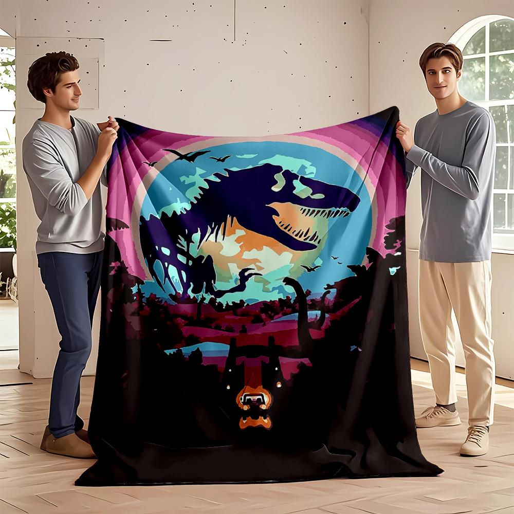 Colorful Dinosaur Jungle Scene at Sunset Flannel blanket for bedroom, living room, sofa, and nap sofas