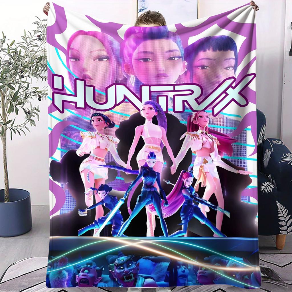 Флисовое одеяло Huntrix в стиле K-Pop с дизайном в стиле «Космические воины» для спальни, дивана, концертной атрибутики. Идеально подходит для поклонников поп-музыки и подростков.