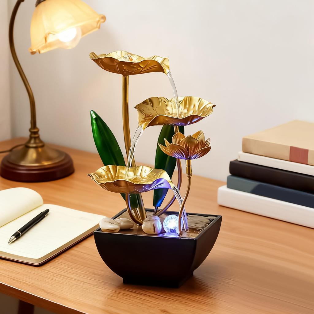 Орнамент Водопад из Листьев Лотоса Дзен Релаксация Успокаивающий Светодиодный Свет Настольный Водный Фонтан со Звуками Ручья для Спальни