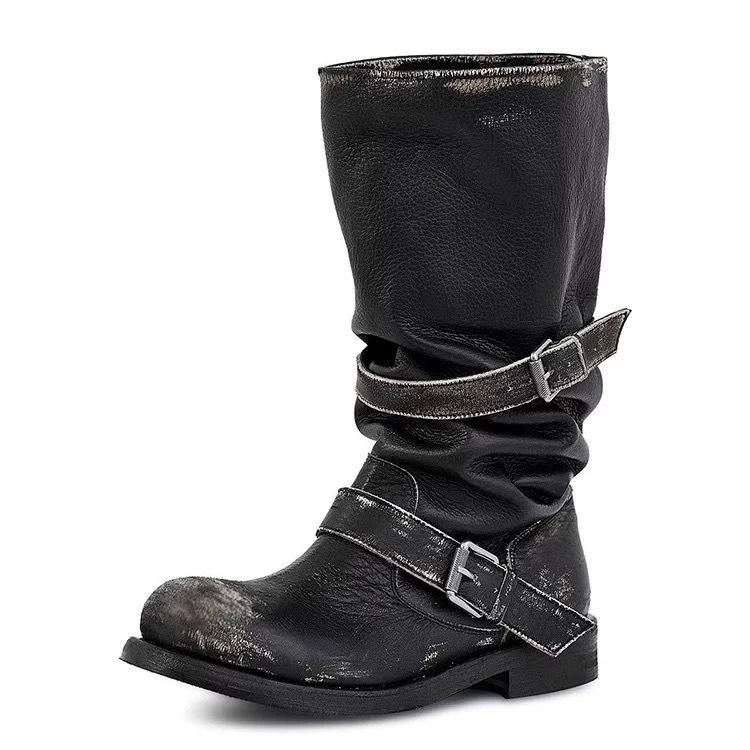 Cowhide Version~ Genuine Leather Polished Heavy Industry Old Stacking Boots Women's Belt Buckle Two Wear Retro Style Knight Boots Outdoor Boots