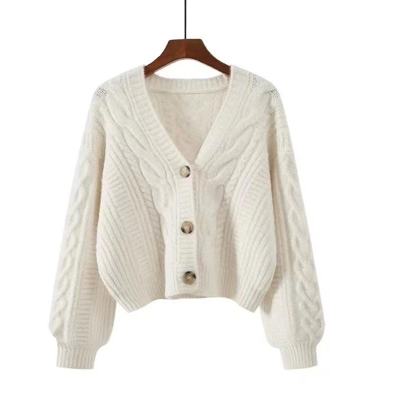 Gentle Wear V-neck Twist Sweater Women's Autumn and Winter Wear Small Lazy Wind Knitted Cardigan Short Coat Top