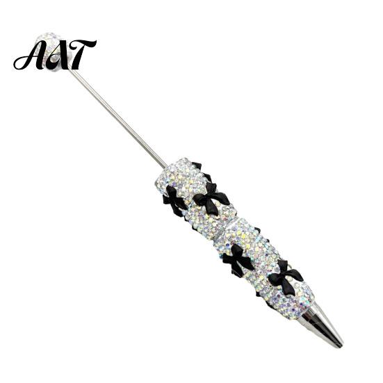 Handmade Pen Supplies Glitter Beadable Ballpoint Pen, Rhinestone Bow Beaded DIY Bling Black Ink Pens for Making, School Office Fashionable