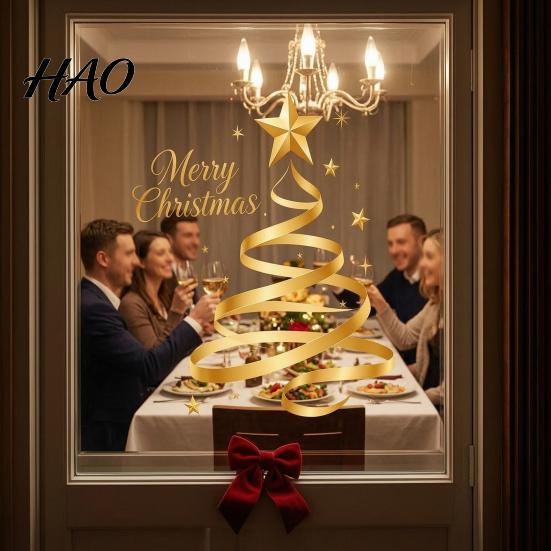 Office Christmas Wall Decor Gold Ribbon Tree Static Cling Window Decal, Merry Glass Indoor Outdoor Holiday Sticker with Stars, Reusable for Home Shop