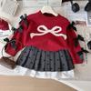 2025 Spring Girls' Bow Long Sleeve Sweater & Knitwear Two-Piece Set