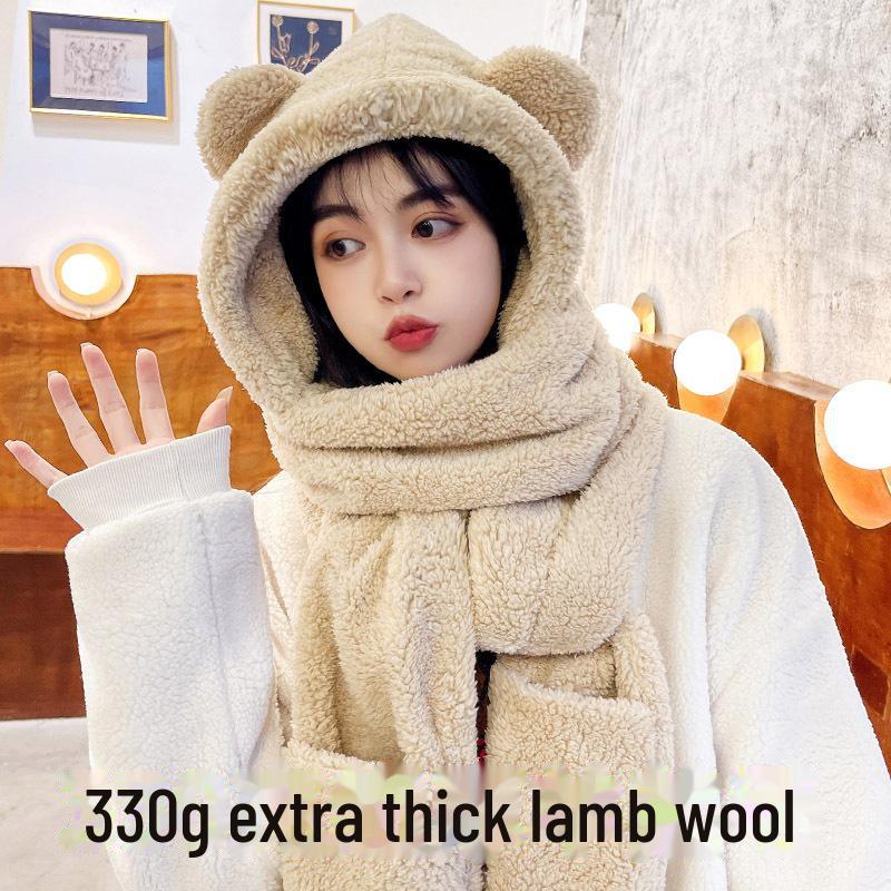 Шапка, шарф и перчатки в виде плюшевого медведя Internet Celebrity 3 в 1: Двухслойный, защищающий уши теплый комплект для осени и зимы