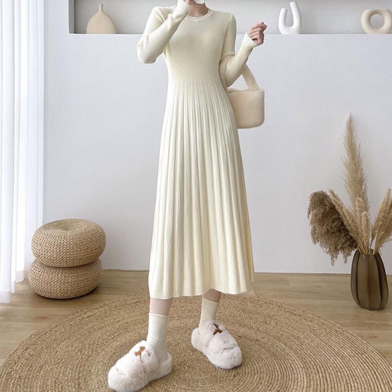 Осень и зима новый повседневный модный внутренний свитер юбка однотонный круглый вырез до колена длинное вязаное платье женское