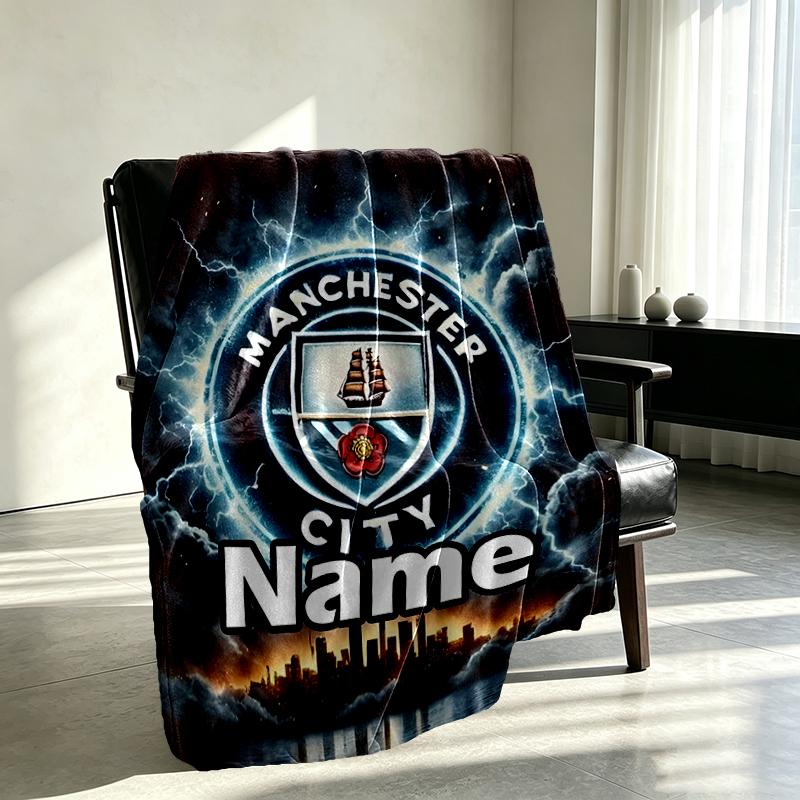 Custom Name Personalized Manchester City FC Print Blankets, Home Decor, Bedroom, Sofa, Camping, Couch, Gifts for Birthday Christmas
