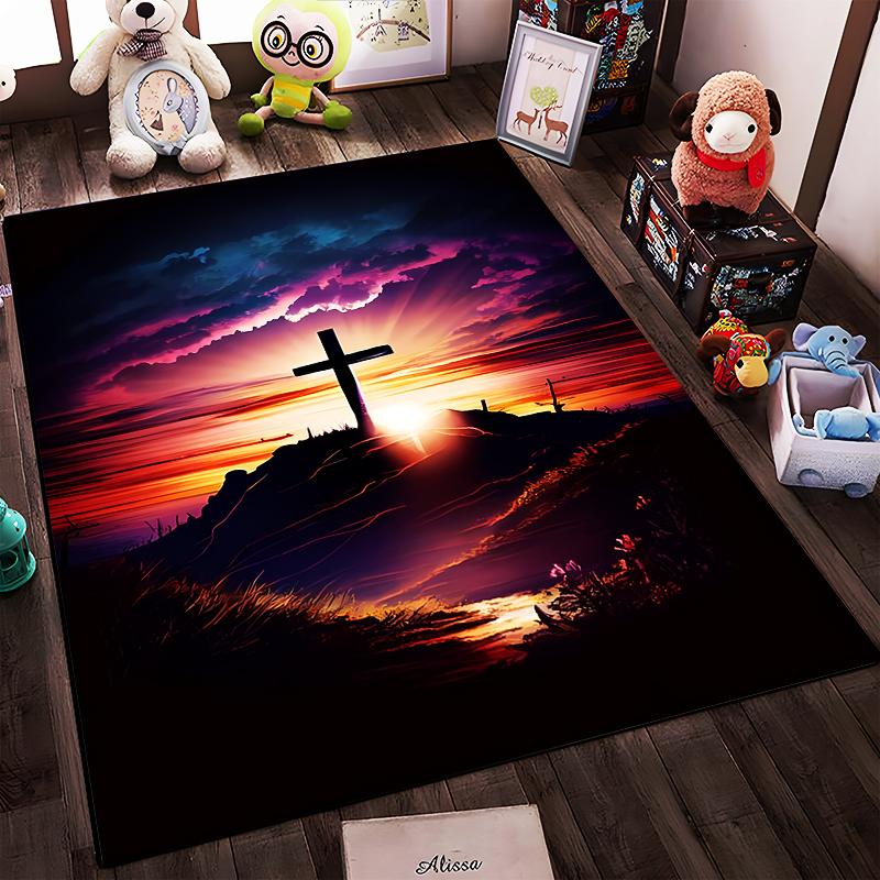 Sunset Cross Scenic Art Rug Non-slip rug suitable for living room and bedroom sofas.