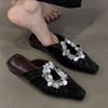 Sheepskin Version~ French Square Head Sequined Cool Slippers One Pedal Heel Temperament Silver Bag Head Half Slippers Women